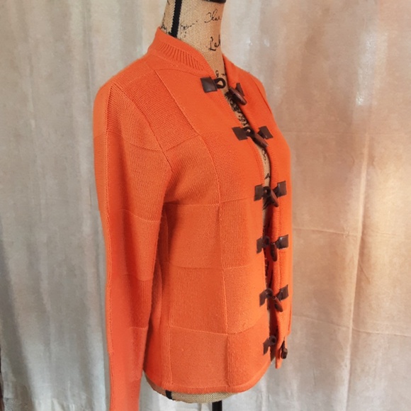 Pumpkin Orange Acrylic Button Cardigan Wood Leather Buttons Size S - Picture 3 of 10